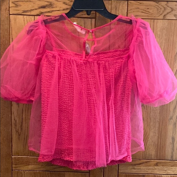 Anthropologie Sheer Puff Sleeve Tulle Top with Crinkle Stretch Inner Layer Pink - Picture 5 of 7